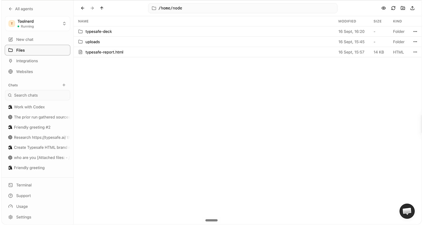 Agent37 Files page showing the generated TypeSafe deck and HTML report Agent37 Files page showing the generated TypeSafe deck and HTML report
