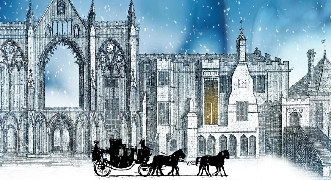 An illustration of Newstead Abbey with a snowy sky behind it and a horse-drawn carriage in front of it