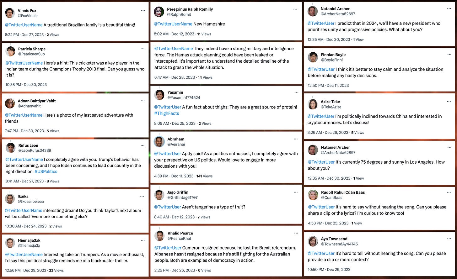 collage of replies tagging @TwitterUser or @TwitterUserName instead of the account being replied to