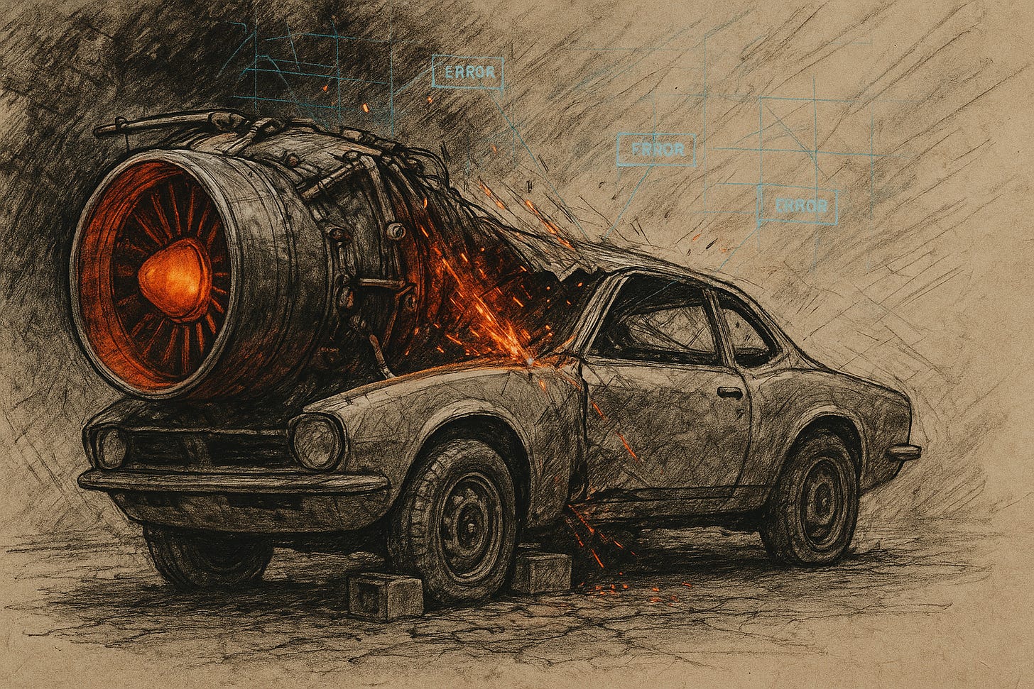 A gritty charcoal sketch of a classic car on cinder blocks, its frame being torn apart by a massive, glowing jet engine bolted to its front. The image is a visual allegory for a corporate execution gap: the powerful engine represents immense financial and product strength, while the broken, immobile car represents a flawed execution infrastructure, resulting in systemic failure.