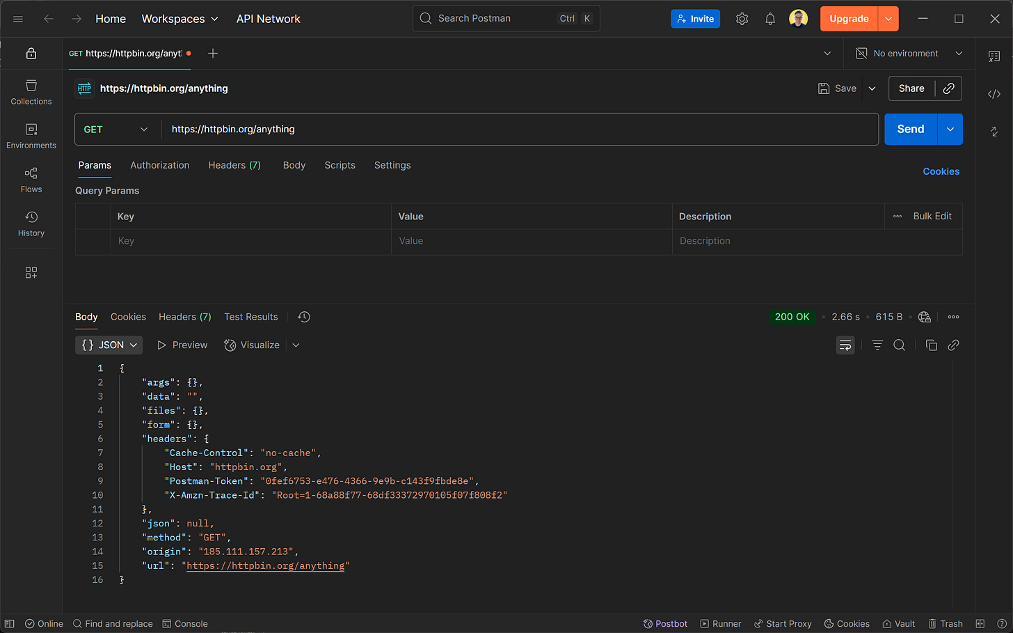 The response returned by the http.io/anything GET endpoint