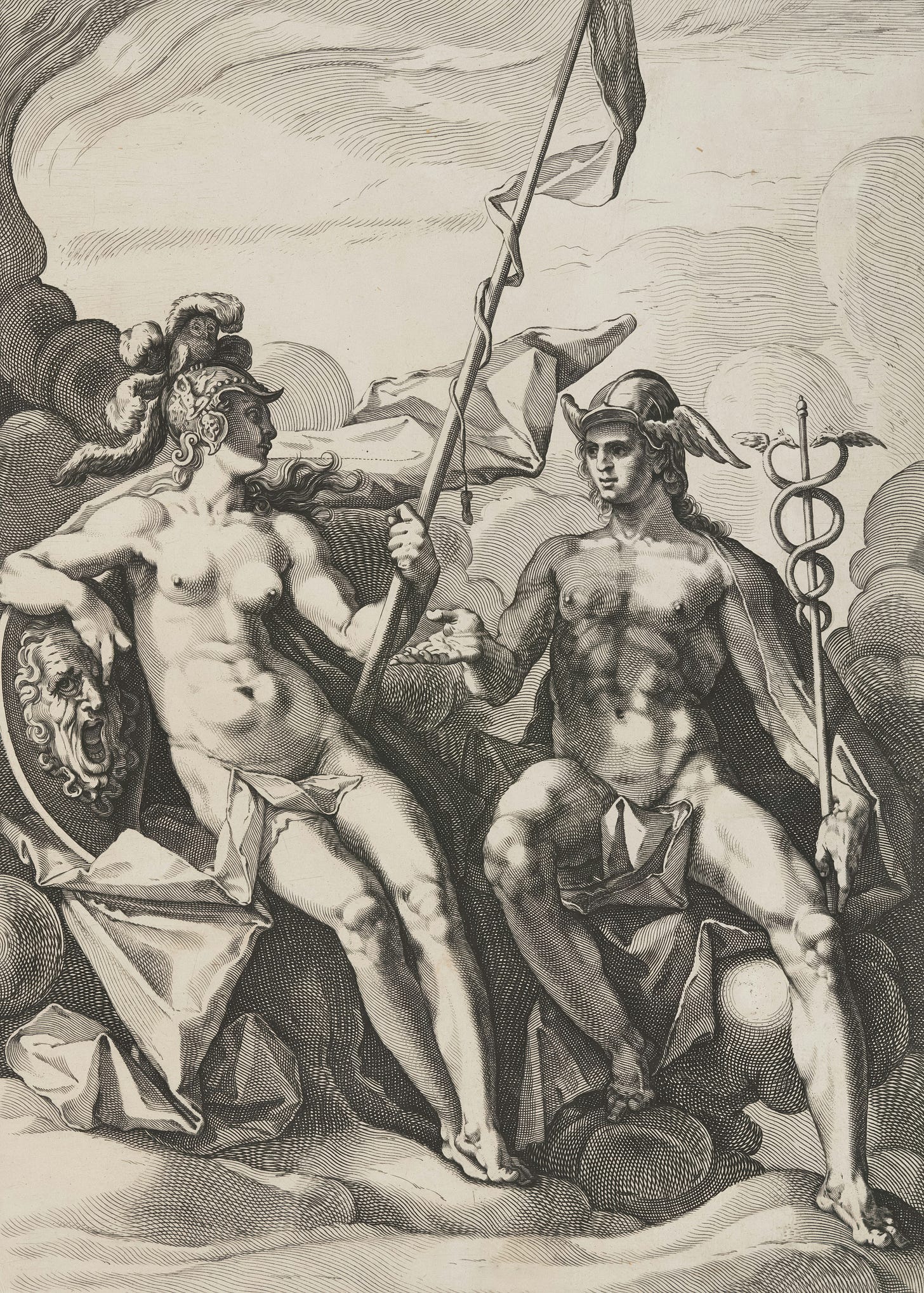 Date c. 1600 Medium Engraving on ivory laid paper of Pallas Athena and Mercury talking.