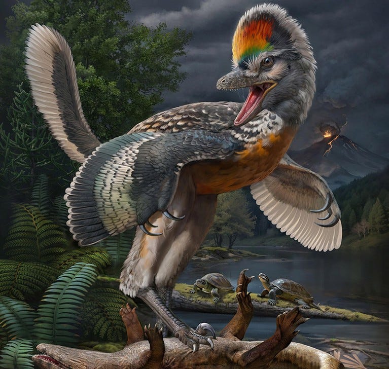 Illustration of birdlike creature on top of another, prone, animal.