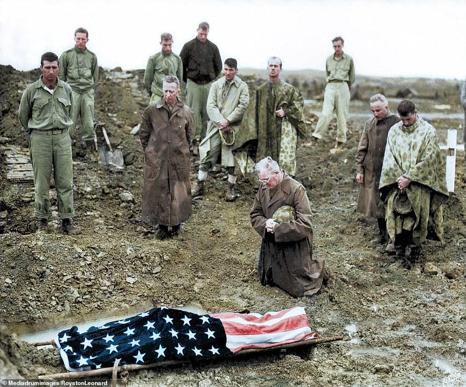 U.S. Marine Colonel Francis Fenton conducting the funeral of his son Private First Class Mike Fenton near Shuri, Okinawa - June 14, 1945 [Colorized]
