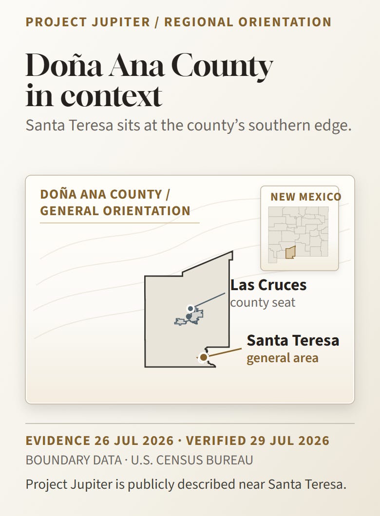 General orientation map of Doña Ana County with Las Cruces and the Santa Teresa area marked, plus a New Mexico locator inset. General orientation map of Doña Ana County with Las Cruces and the Santa Teresa area marked, plus a New Mexico locator inset.