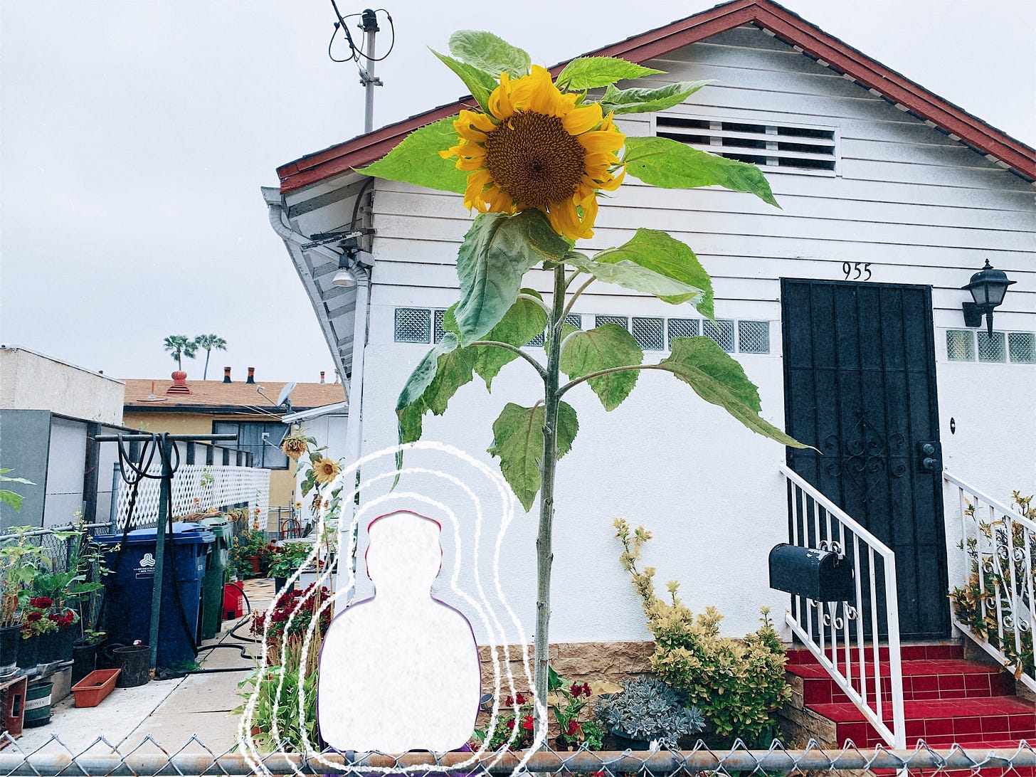 A white house with red trim against a gray sky in a yard surrounded by plants. There is a huge sunflower in the center of the frame and a cutout where there was once the image of a very tiny woman. Three white lines trace around her absence. A white house with red trim against a gray sky in a yard surrounded by plants. There is a huge sunflower in the center of the frame and a cutout where there was once the image of a very tiny woman. Three white lines trace around her absence.
