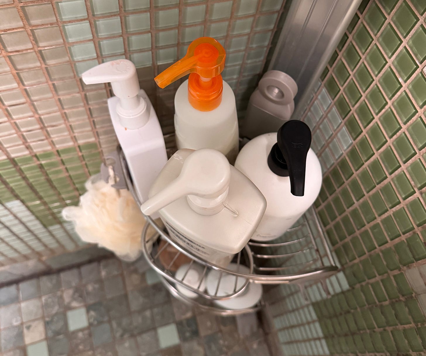 Overhead view of four pump top bottles in a shower caddy Overhead view of four pump top bottles in a shower caddy