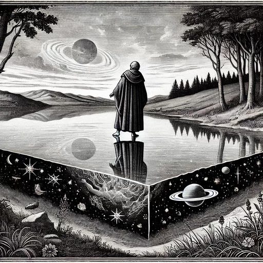 GPT-4o: This black-and-white illustration, rendered in a woodcut style, portrays a figure in a long cloak standing on the edge of a reflective body of water. The surface of the water mirrors the sky, with planets and celestial bodies visible in the reflection, suggesting a cosmic connection. Below the water’s surface, the earth is shown cut away, revealing an underground universe filled with stars, planets, and galaxies, including a prominent Saturn-like planet. The surrounding landscape features trees and distant mountains, creating a serene yet mysterious scene. The artwork is framed with decorative borders, enhancing its classic and mystical appearance, and evokes themes of exploration, the connection between the cosmos and the earth, and the discovery of hidden depths.