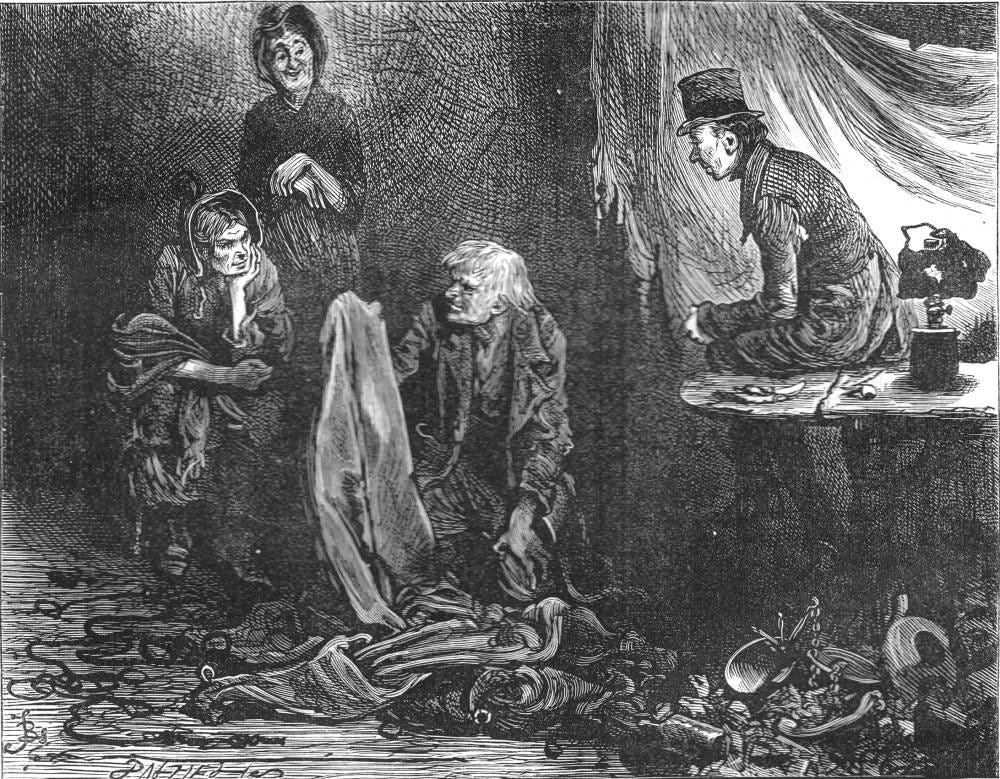 Wood engraving by Fred Barnard of the junk dealer Old Joe's shop, where Scrooge's charwoman, his laundress and the undertaker's man bring the belongings of a dead man to sell. Wood engraving by Fred Barnard of the junk dealer Old Joe's shop, where Scrooge's charwoman, his laundress and the undertaker's man bring the belongings of a dead man to sell.