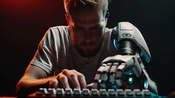 Human assisted by a robot hand in content creation. Human assisted by a robot hand in content creation.