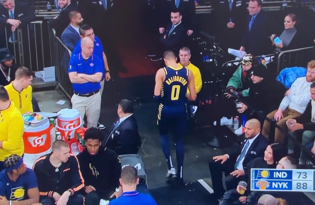 Tyrese Haliburton is subbed out of the game and walks back to the locker room with 2:32 left in the third quarter. Tyrese Haliburton is subbed out of the game and walks back to the locker room with 2:32 left in the third quarter.