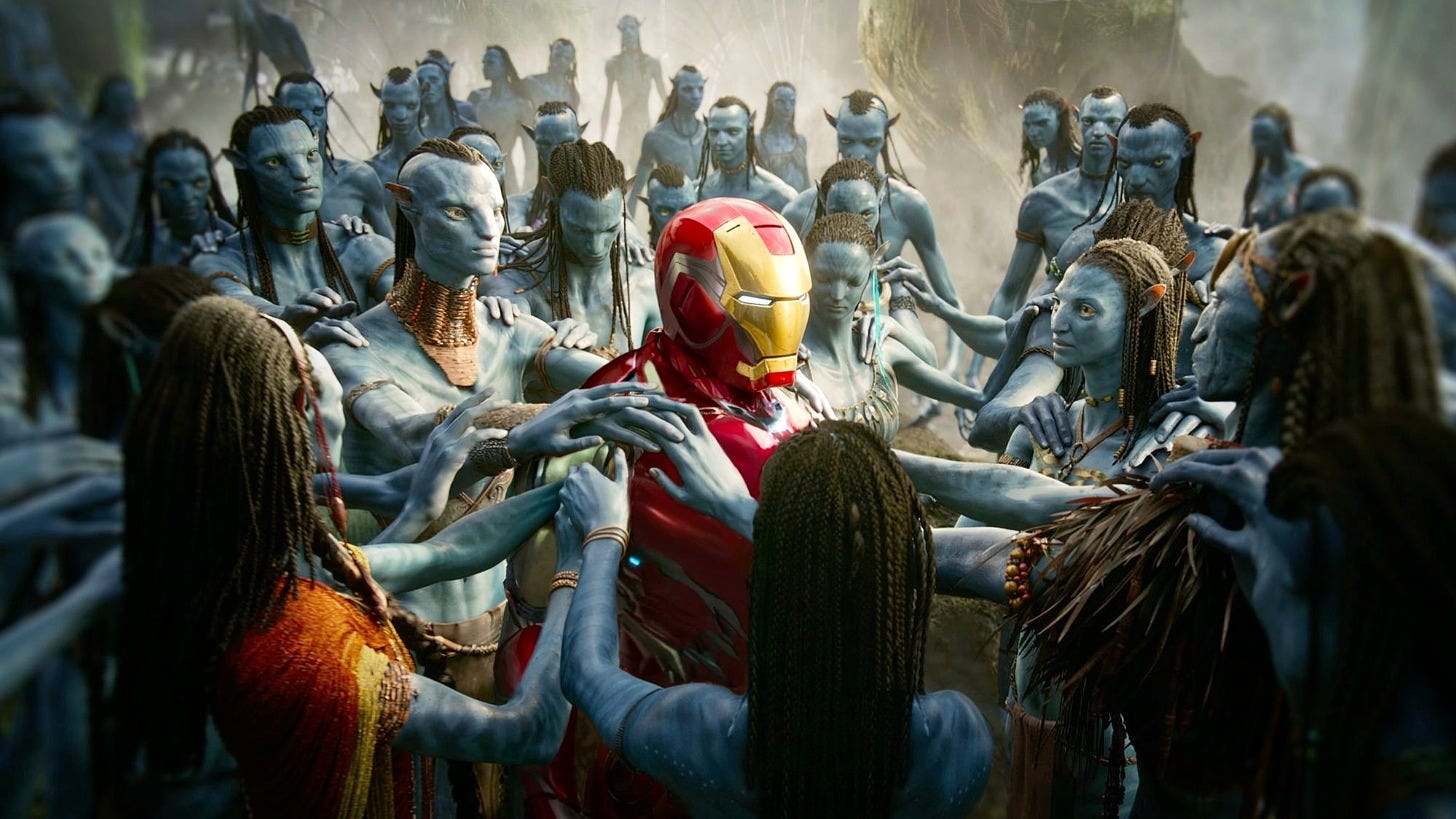 Iron Man welcomed by the Na'vi in James Cameron's crossover art. Image: James Cameron via Instagram Iron Man welcomed by the Na'vi in James Cameron's crossover art. Image: James Cameron via Instagram