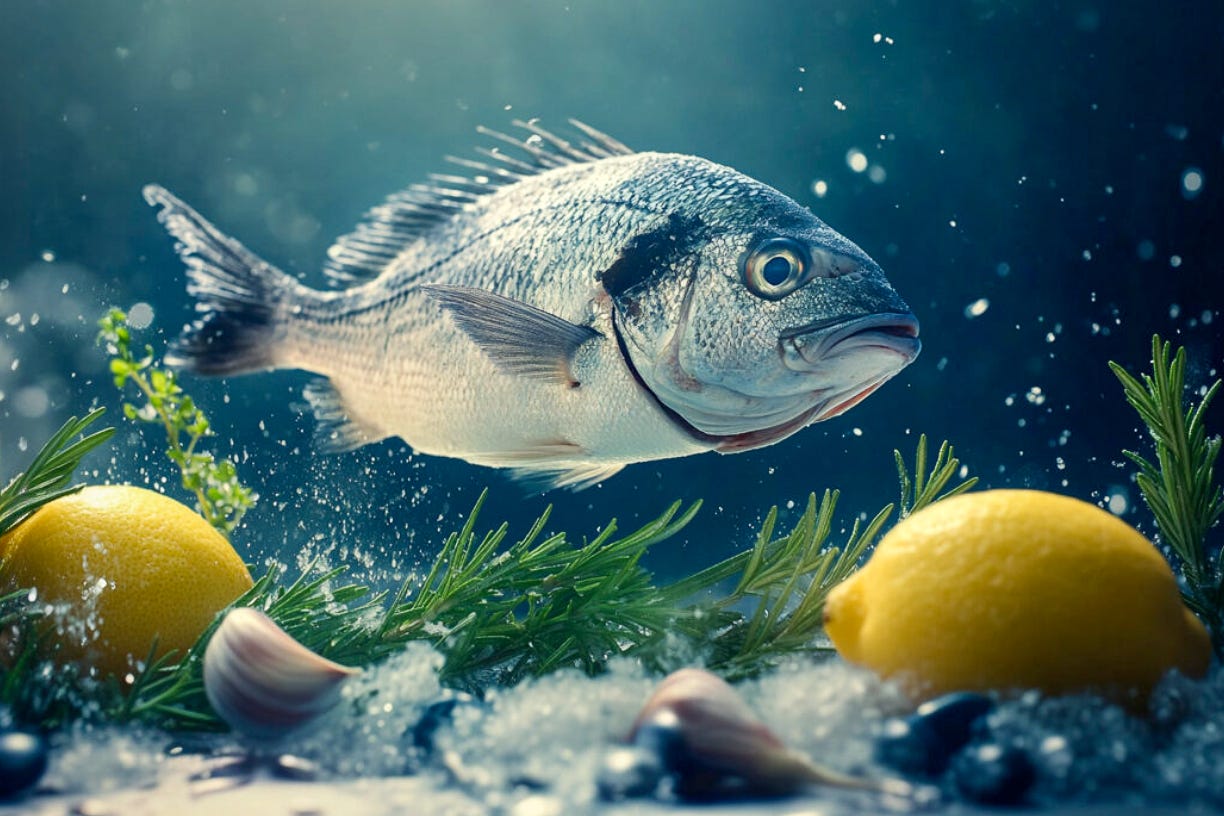 Ein silberner Fisch – möglicherweise eine Goldbrasse – schwimmt unter Wasser über einer KI-generierten Szenerie aus Zitronen, Rosmarinzweigen, Knoblauchzehen und grobem Salz. Luftblasen und blaues Licht verstärken den Eindruck einer Unterwasseraufnahme. Ein silberner Fisch – möglicherweise eine Goldbrasse – schwimmt unter Wasser über einer KI-generierten Szenerie aus Zitronen, Rosmarinzweigen, Knoblauchzehen und grobem Salz. Luftblasen und blaues Licht verstärken den Eindruck einer Unterwasseraufnahme.