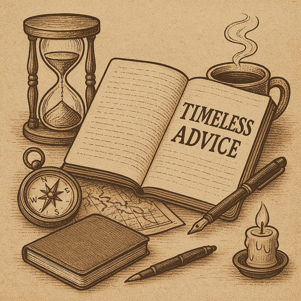 image to illustrate timeless advice in a etching type style with an open book, compass, hourglass, pens, and coffee