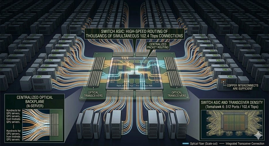 The image depicts a high-density server setup featuring a switch ASIC capable of handling thousands of simultaneous connections at 102.4 Tbps, using centralized optical transceivers for efficient packet routing.

AI-generated content may be incorrect.