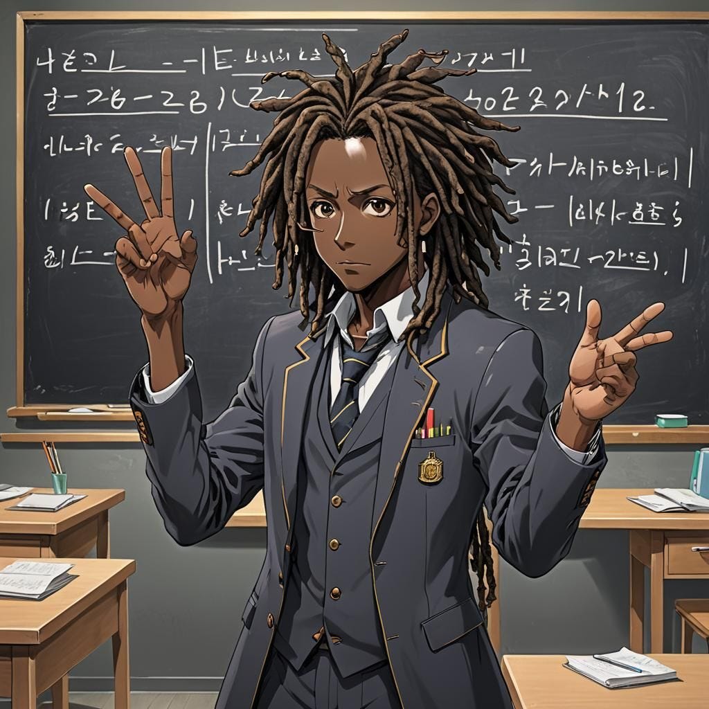 An arrogant dark skinned man with dreadlocks points to himself in front of a classroom chalkboard.
