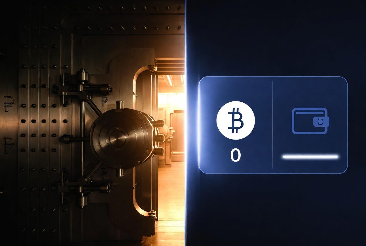 Split image showing a steel bank vault door with ruble symbols on the left and a severed blockchain wallet connection interface on the right, representing the A7A5 token destruction and reissuance following US sanctions. Split image showing a steel bank vault door with ruble symbols on the left and a severed blockchain wallet connection interface on the right, representing the A7A5 token destruction and reissuance following US sanctions.