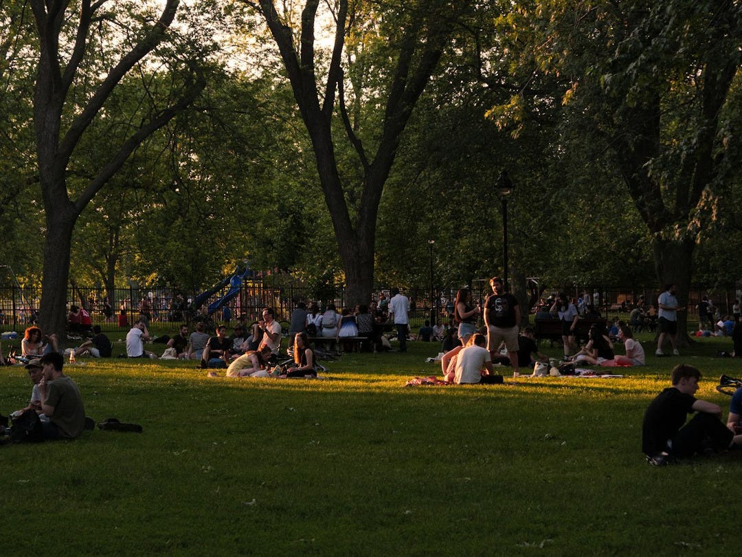 a group of people sitting on the grass