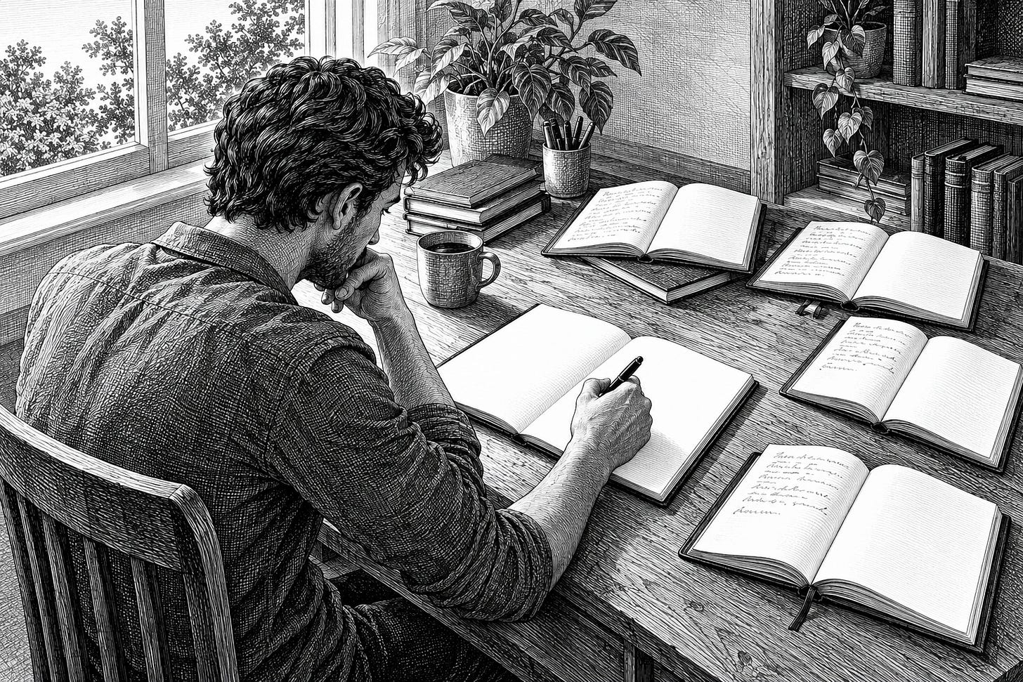 Black-and-white engraving of a fresh journal beside unfinished notebooks Black-and-white engraving of a fresh journal beside unfinished notebooks