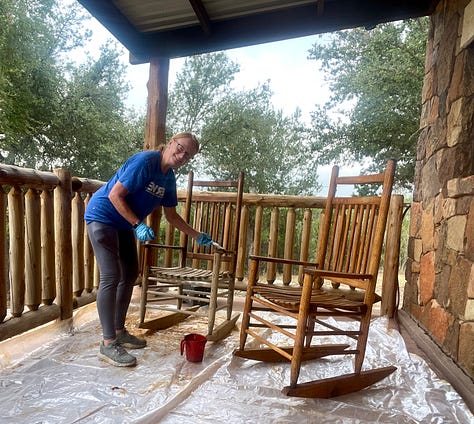 Photos of the gals painting, pressure washing, staining, and sorting laundry.
