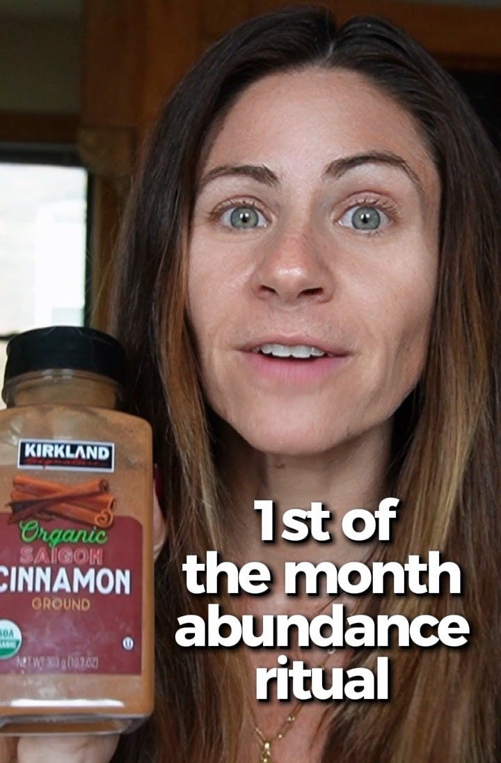TikTok screenshot of the first of the month abundance spell ritual, which explains to blow cinnamon through the front door of your home to bring in prosperity and abundance TikTok screenshot of the first of the month abundance spell ritual, which explains to blow cinnamon through the front door of your home to bring in prosperity and abundance