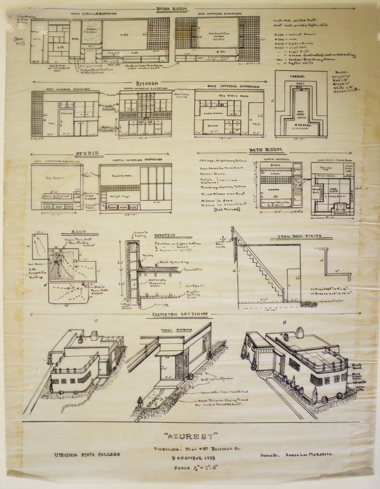 Screenshot of a December 1938 construction drawing for Azurest South by Amaza Lee Meredith via Virginia State University Special Collections and Archives. Shown on In Corso Studio, a vintage furniture platform in Toronto.