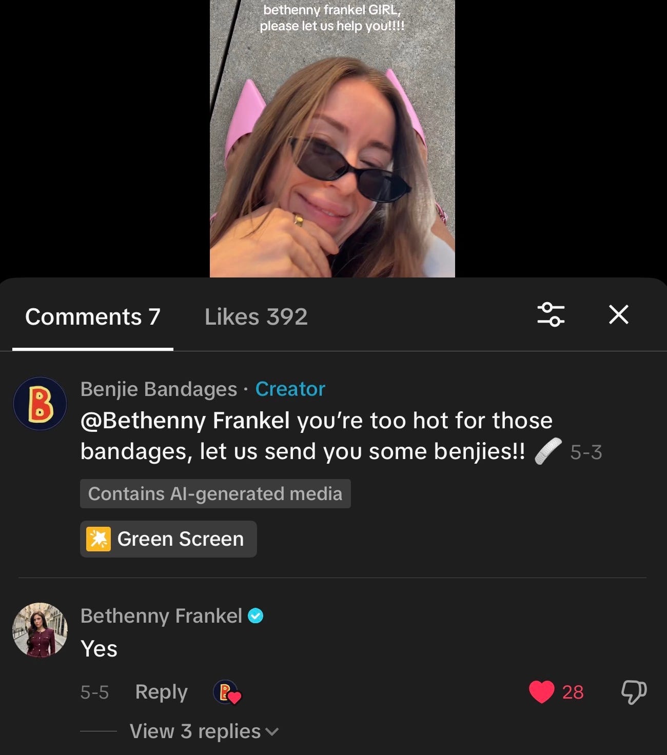 TikTok comment thread where Benjie Bandages asks Bethenny Frankel to let them send her bandages, and Bethenny replies, “Yes.”