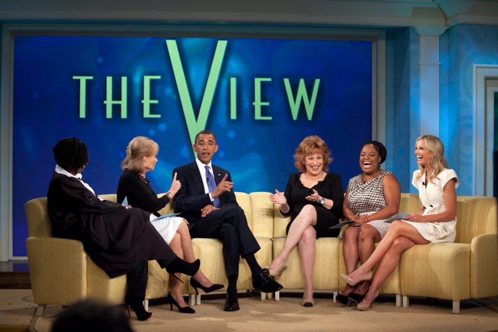 The View, (left-right Whoopi Goldberg, Walters, Joy Behar, Sherri Shepherd and Elisabeth Hasselbeck) during interview United States President Barack Obama on July 29, 2010 The View, (left-right Whoopi Goldberg, Walters, Joy Behar, Sherri Shepherd and Elisabeth Hasselbeck) during interview United States President Barack Obama on July 29, 2010