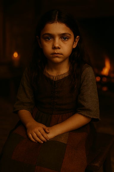 A dark fantasy image of Kala, a young human girl with features reminiscent of actress Brooklynn Prince, sitting quietly inside the Krezkov cottage in Barovia. She has long, wavy dark brown hair, pale skin, and large expressive eyes that seem to hold distant memories. Her expression is solemn and still, not vacant but deeply introspective. She wears a patchwork dress in muted earth tones—browns, grays, and rust—with frayed edges and uneven stitching. Her hands rest gently in her lap as she sits near the hearth, illuminated by flickering candlelight and firelight. The stone walls and wooden beams of the cottage surround her, casting long shadows. The atmosphere is quiet, eerie, and intimate, evoking a sense of grief and mystery. A dark fantasy image of Kala, a young human girl with features reminiscent of actress Brooklynn Prince, sitting quietly inside the Krezkov cottage in Barovia. She has long, wavy dark brown hair, pale skin, and large expressive eyes that seem to hold distant memories. Her expression is solemn and still, not vacant but deeply introspective. She wears a patchwork dress in muted earth tones—browns, grays, and rust—with frayed edges and uneven stitching. Her hands rest gently in her lap as she sits near the hearth, illuminated by flickering candlelight and firelight. The stone walls and wooden beams of the cottage surround her, casting long shadows. The atmosphere is quiet, eerie, and intimate, evoking a sense of grief and mystery.