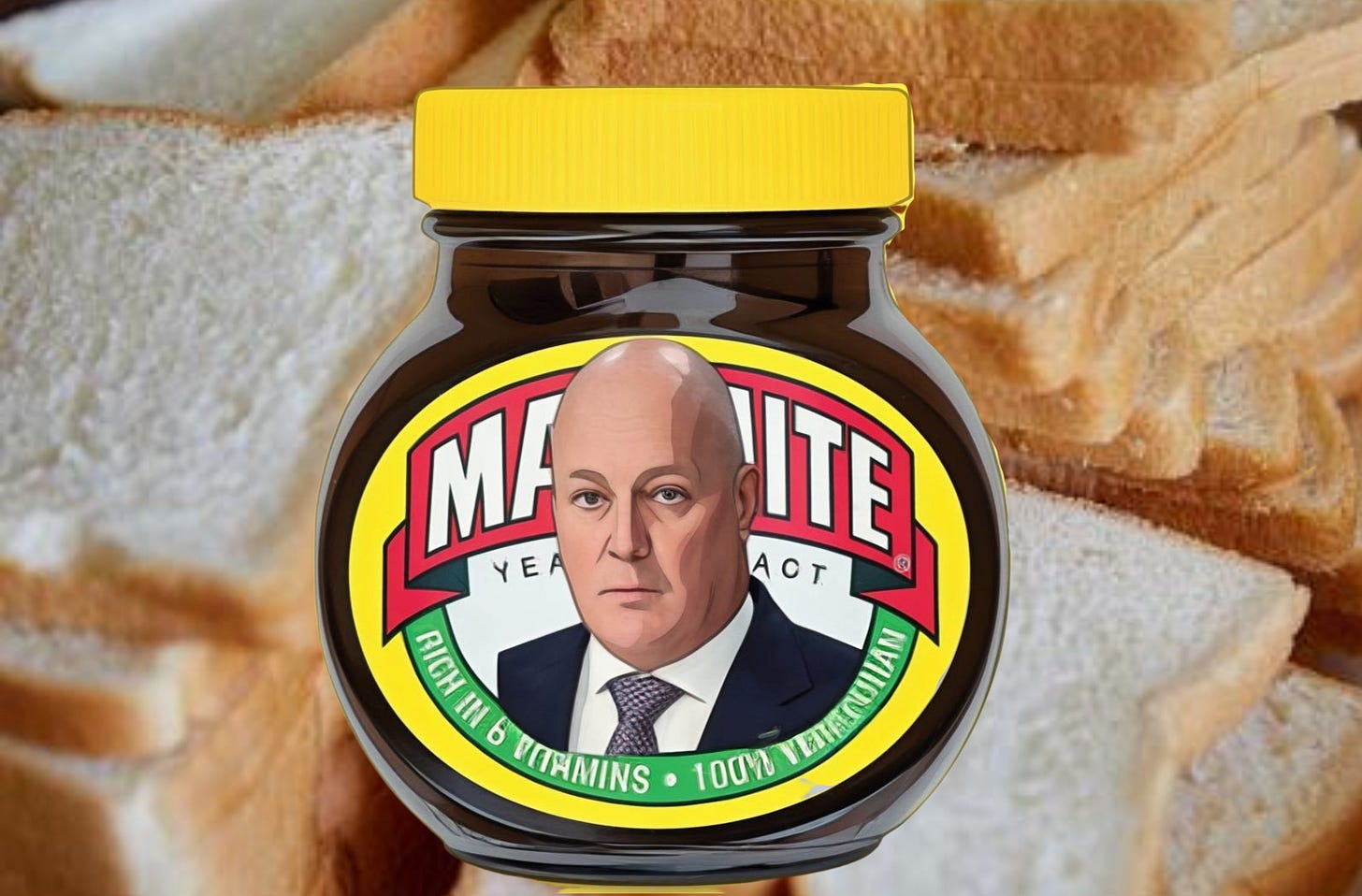 Luxon on a marmite jar, with a pile of white bread. 
