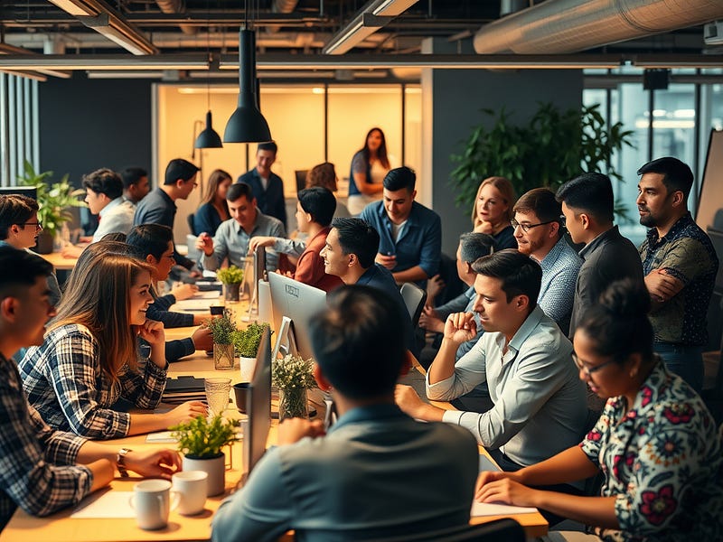 A bustling, modern office bathed in warm, inviting light, where diverse teams collaborate with camaraderie. The scene illustrates the concept of scaling a company’s culture while maintaining core values during growth. A bustling, modern office bathed in warm, inviting light, where diverse teams collaborate with camaraderie. The scene illustrates the concept of scaling a company’s culture while maintaining core values during growth.