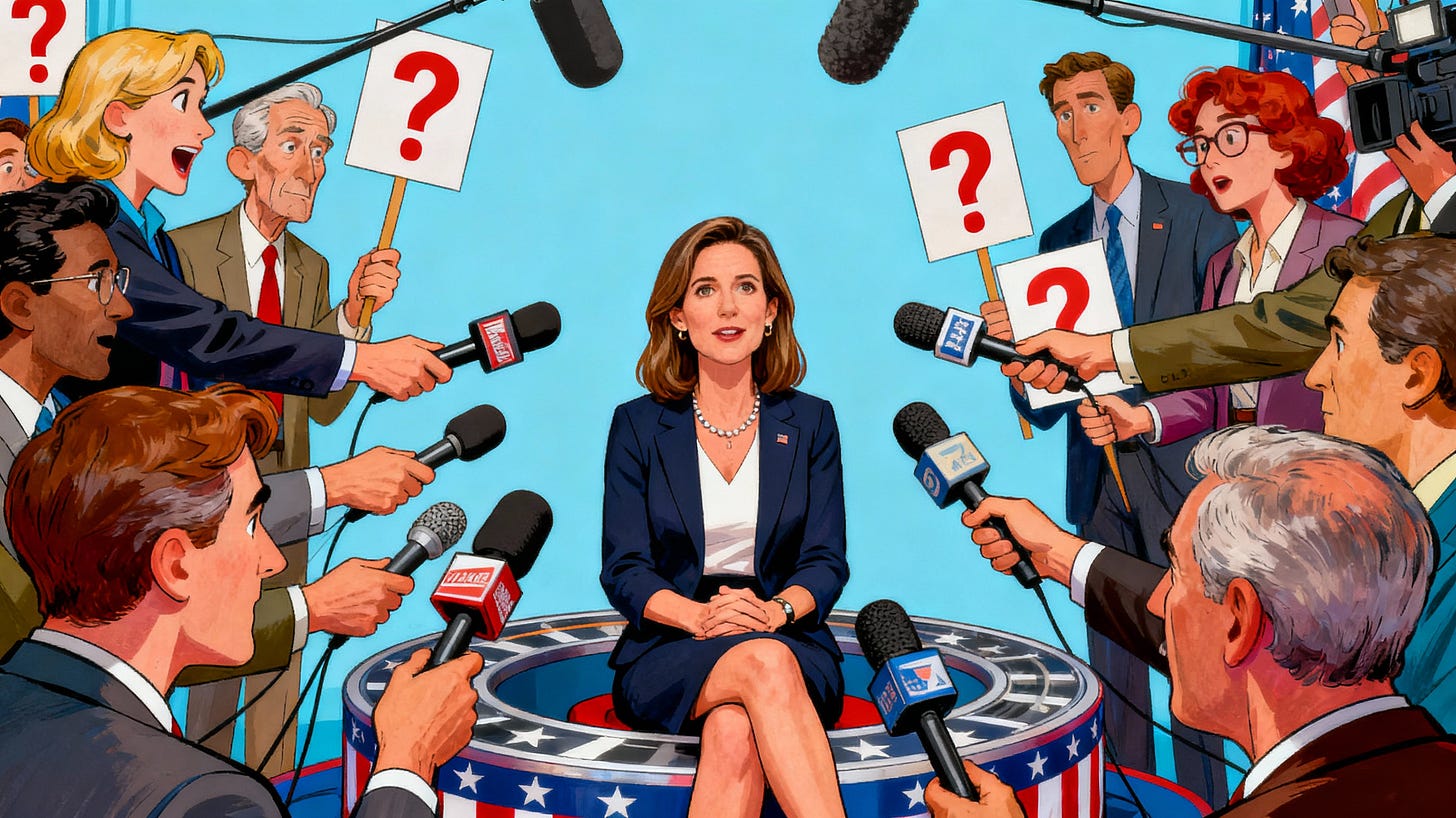 Abigail Spanberger rodeada de periodistas y carteles que cuestionan su ideología.