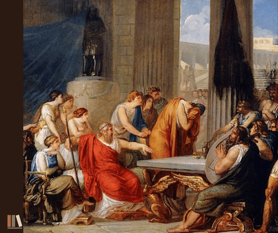 Nineteenth-century oil painting of Odysseus at the court of King Alcinous. The red-robed king reaches toward a seated figure who covers his face and weeps as the bard's song reaches him, courtiers and armed men gathered around a low table. Nineteenth-century oil painting of Odysseus at the court of King Alcinous. The red-robed king reaches toward a seated figure who covers his face and weeps as the bard's song reaches him, courtiers and armed men gathered around a low table.