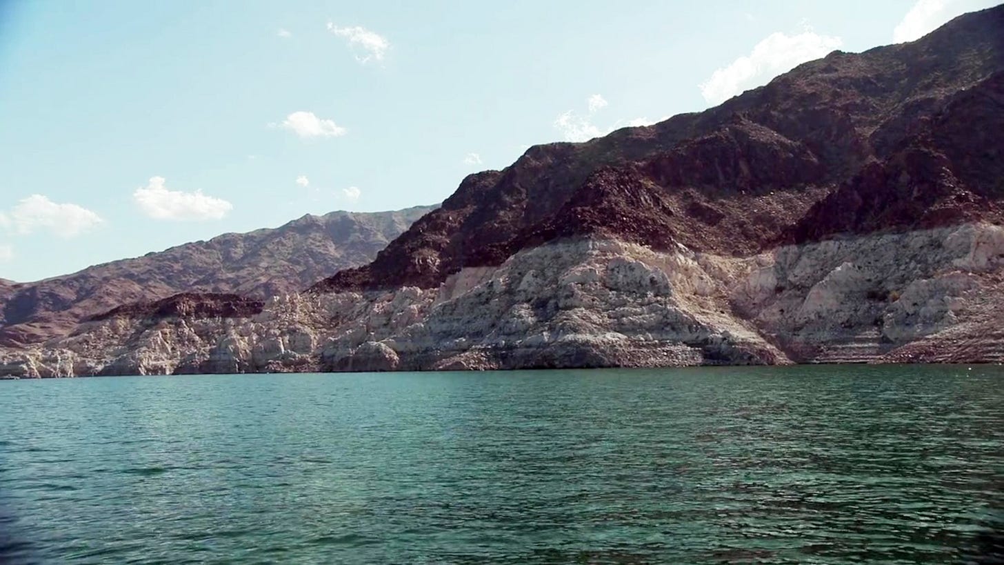 PHOTO: The white line in the mountains surrounding Leak Mead shows how high the water used to be, according to experts. PHOTO: The white line in the mountains surrounding Leak Mead shows how high the water used to be, according to experts.