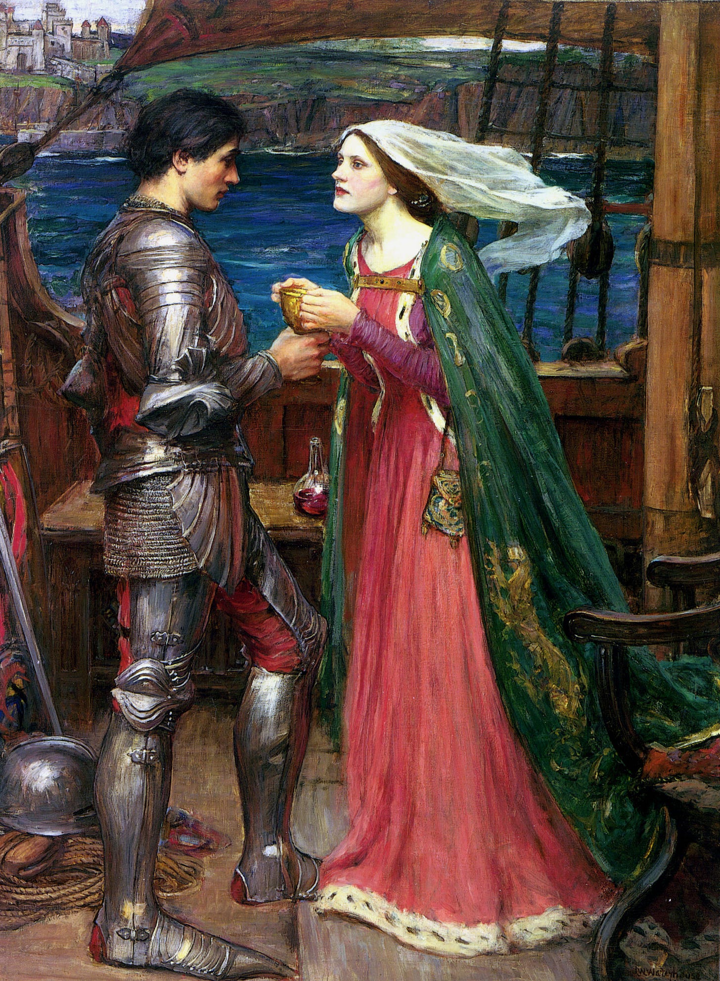 Tristão e Isolda com a poção mágica, por John William Waterhouse (c. 1916).