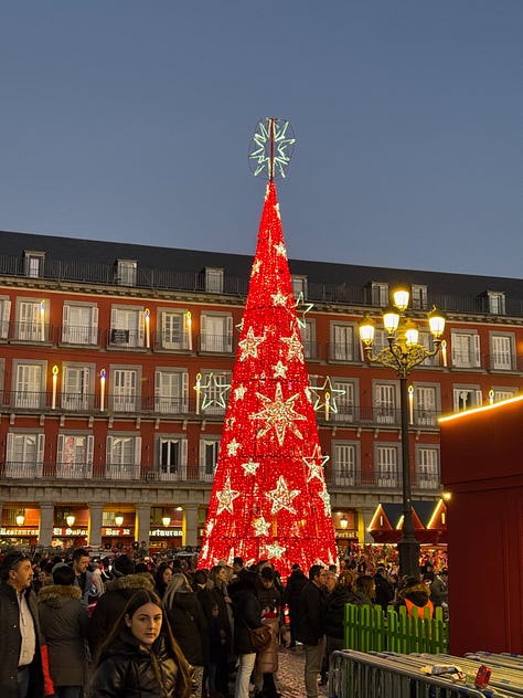 Scenes from Madrid at Christmas, including lights, markets, churros, decorations, and city streets at night.