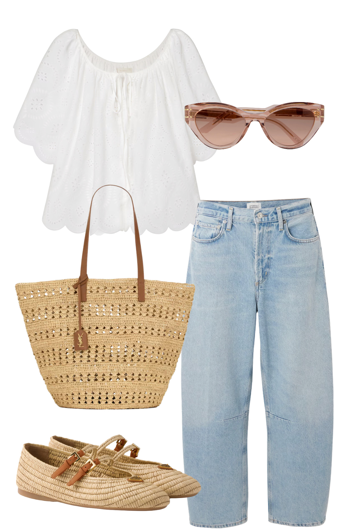 Casual spring weekend outfit with relaxed denim, a white blouse, and comfortable flats
