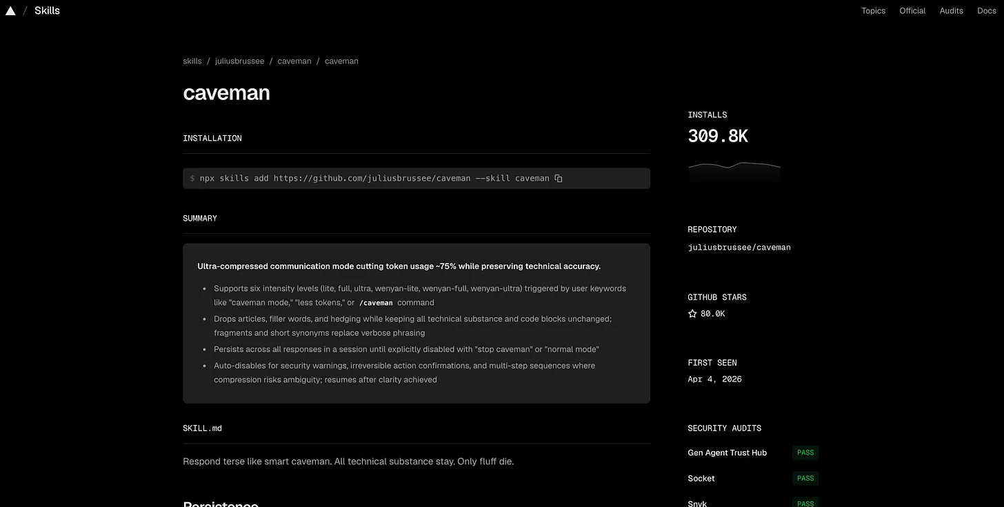 Caveman skill card on skills.sh showing install count and security audit Caveman skill card on skills.sh showing install count and security audit