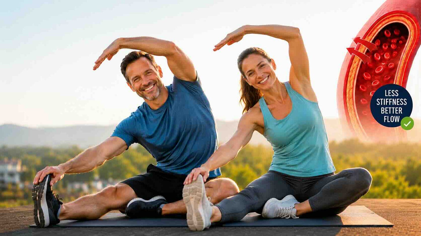 Daily stretching for artery health – active middle-aged man and woman performing side stretches outdoors with an artery illustration showing reduced stiffness and improved blood flow. Research suggests regular stretching may support cardiovascular health, flexibility, circulation, and healthy aging