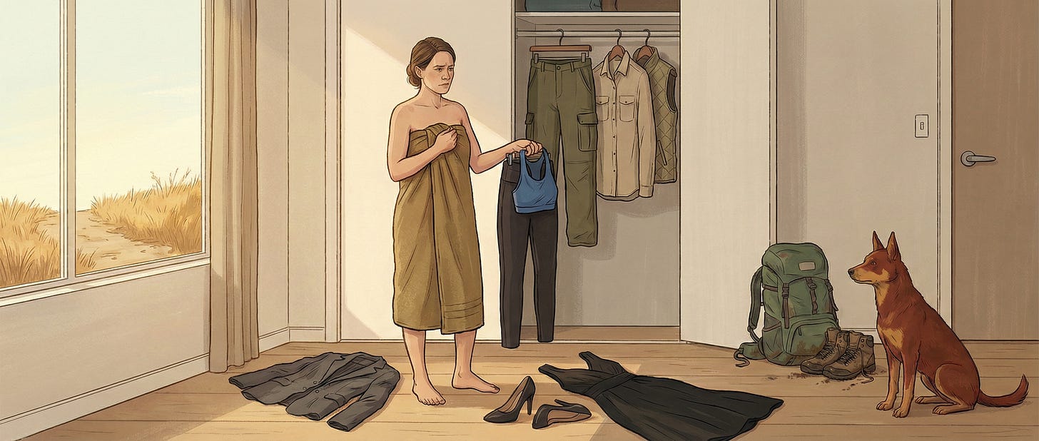 Indoors, wrapped in a towel, a woman selects clothes while her dog looks on.