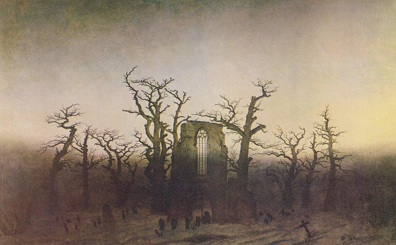 A ruined Gothic abbey among bare oaks in winter snow A ruined Gothic abbey among bare oaks in winter snow