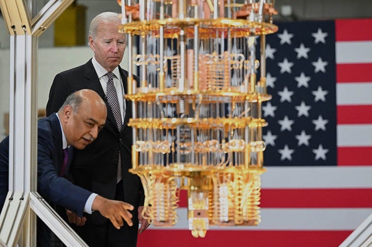 President Biden looks at a quantum computer with IBM CEO Arvind Krishna at the IBM facility in Poughkeepsie, New York. President Biden looks at a quantum computer with IBM CEO Arvind Krishna at the IBM facility in Poughkeepsie, New York.