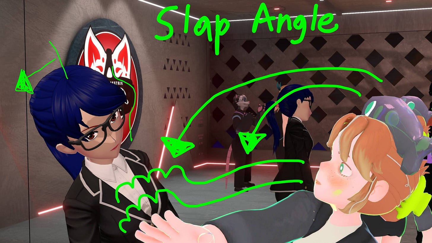 This is an image of slapper Bonito practicing her slapping technique with Instructor Mycana as the slappee. 