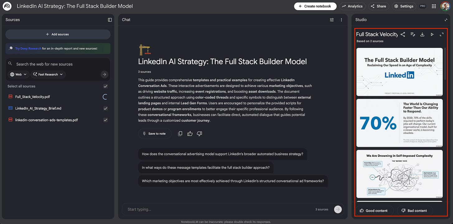 Screenshot of the NotebookLM interface showing the generated "Full Stack Velocity" slide deck in the right panel, displaying the first three slides.