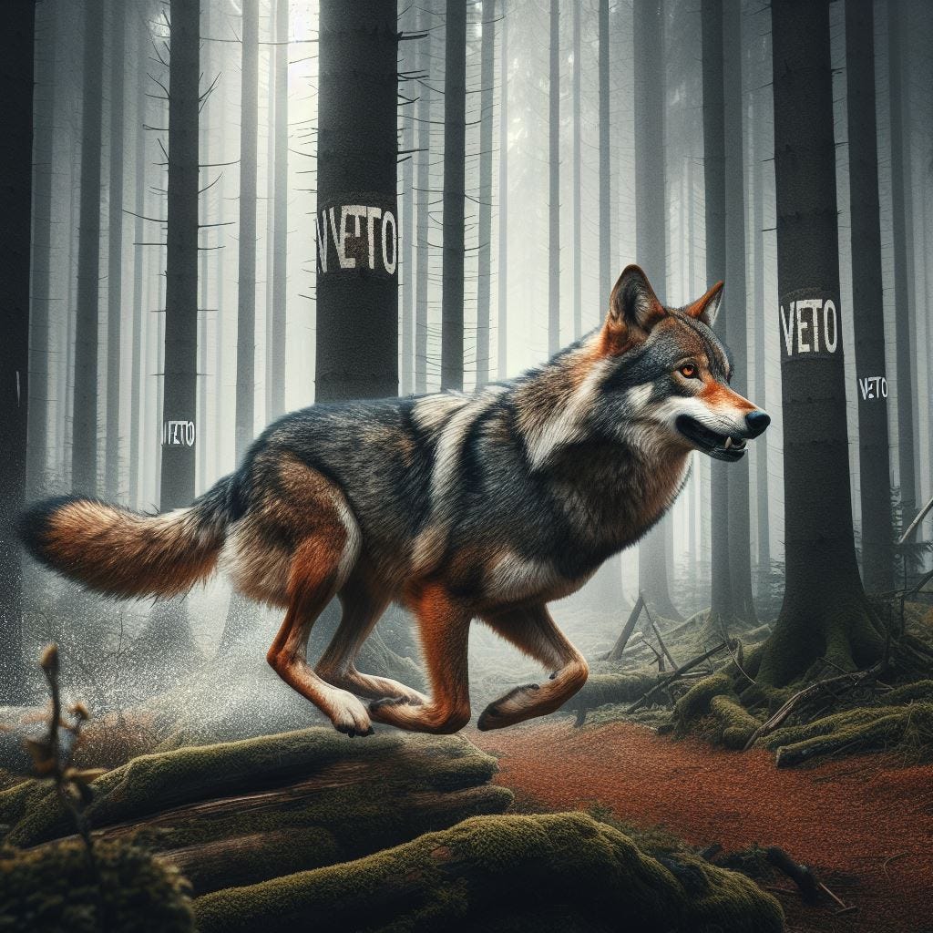 Wolf running in a forest with "vetoed" in the background