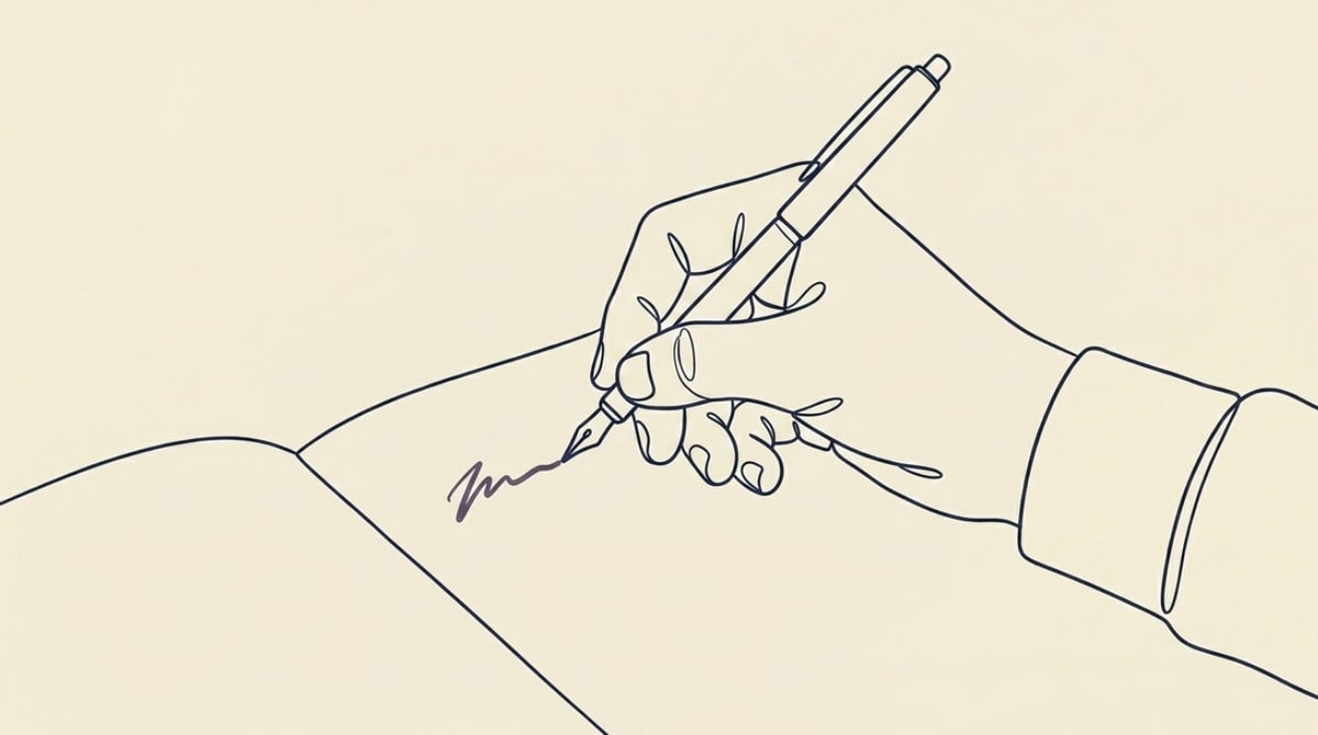The Intelligence of the Slow - A close-up of a hand holding a pen, mid-stroke on an open page. The hand is rendered in continuous monoline — no fill, no shading. The pen touches the page at a shallow angle, unhurried. The stroke being made is slow and incomplete — it trails off rather than completing a letterform. The page beneath is nearly empty. No words, no text, no completed marks. Only the single stroke in progress.