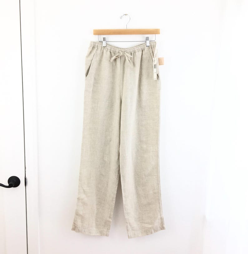 Vintage Jones New York Tan 100% Linen Elastic Waist Casual Pants Womens Medium image 1