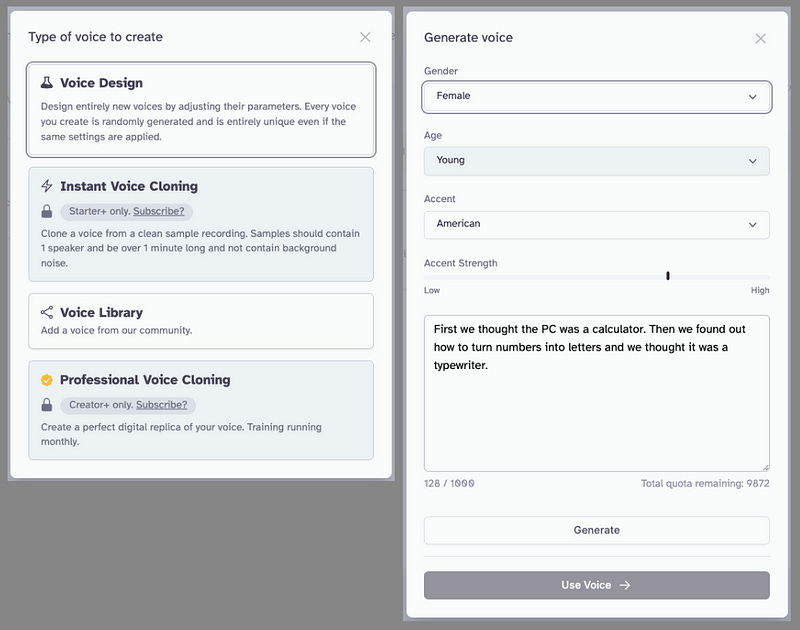 Screenshots of the ElevenLabs website to create a new voice