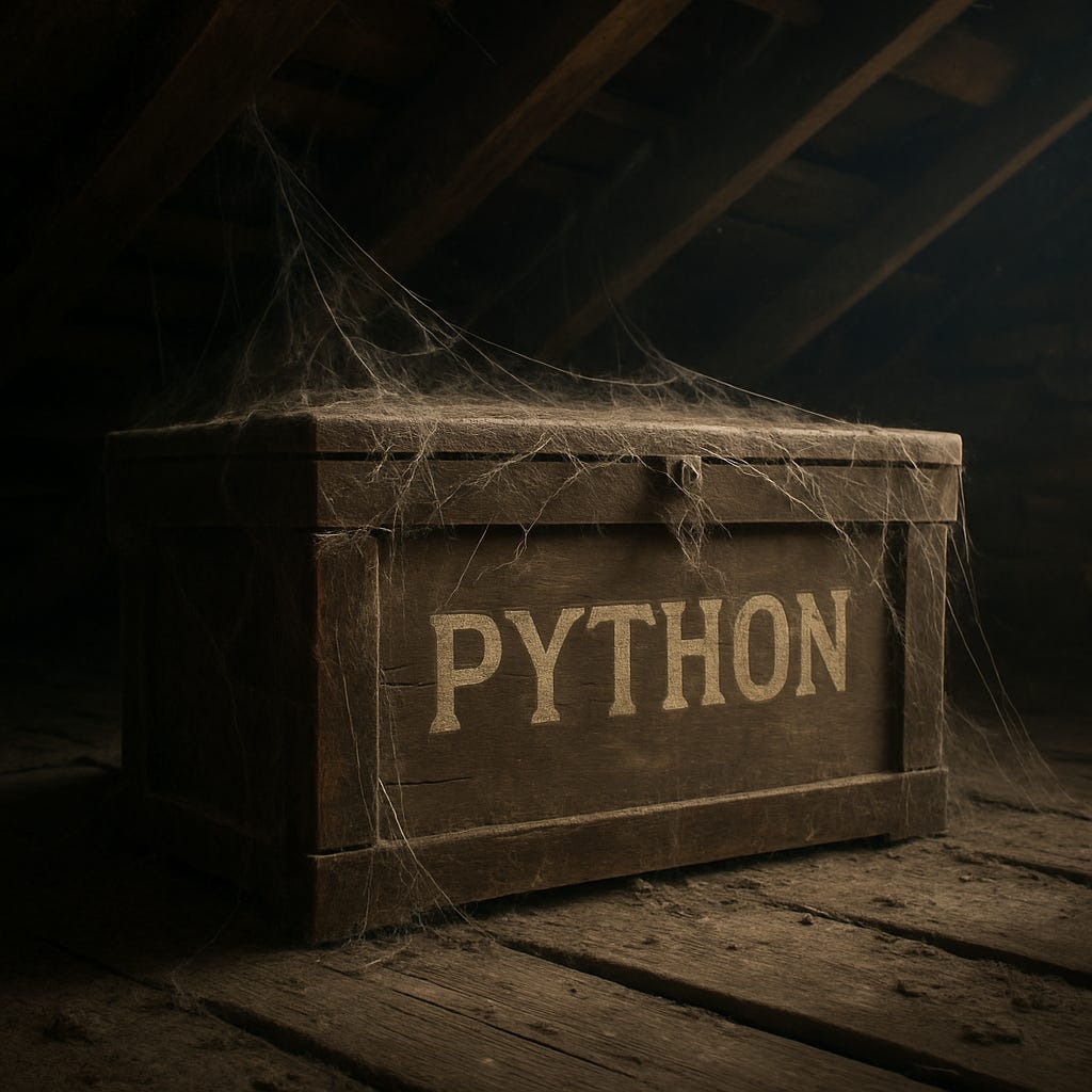 An old dusty box labeled 'Python' covered with cobwebs in an attic