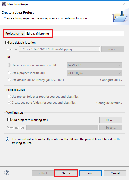 Set a name of the new Java Project and assign other properties in NWDS Set a name of the new Java Project and assign other properties in NWDS
